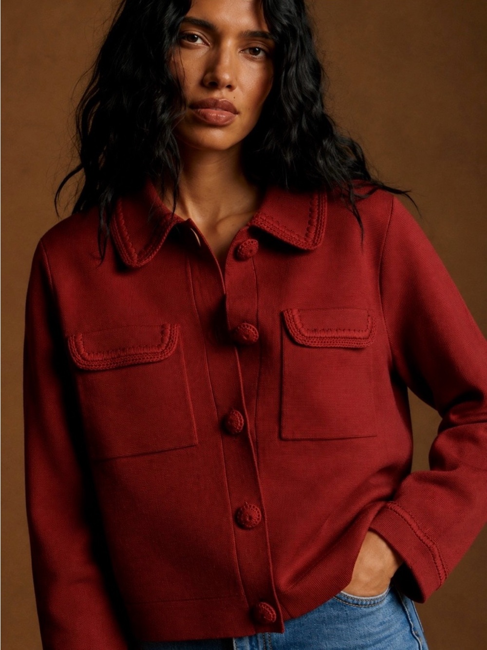NWT (fits like Small) Sezane Betty Wool Cardigan - Crimson Red Crochet - XXS